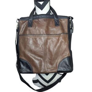 Jill New York Two-Tone Leather Tote Crossbody Bag Brown Black Hand-stitched